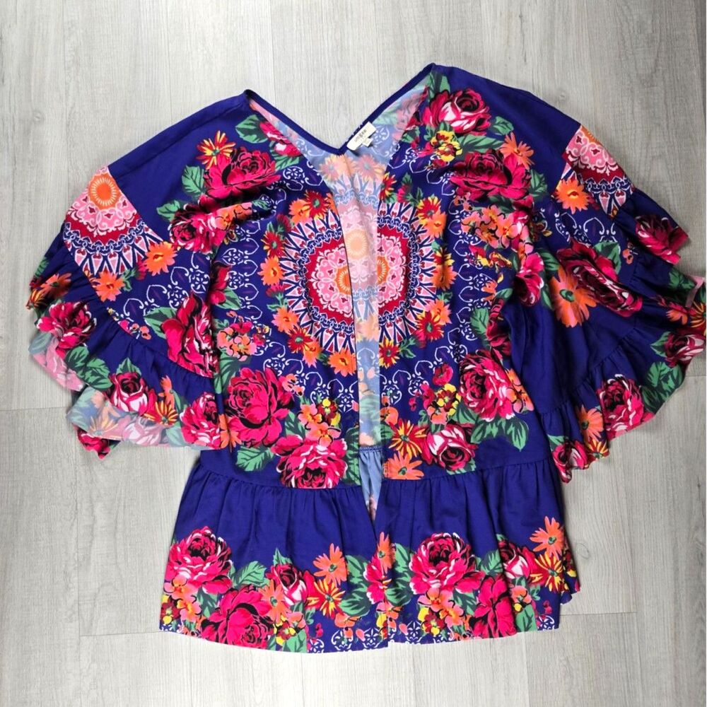 Umgee Boho Floral Mandala Open Front Cardigan Kimono Ruffle Sleeve Top M/L